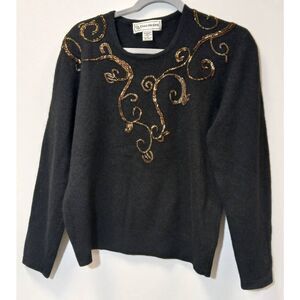Vintage 90's evan picone womens medium angora sweater black rust brown beaded